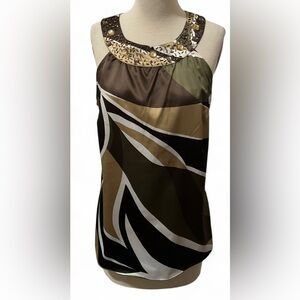 New York & Company Embellished Neck Sleeveless Top Size 12 Brown Gold Blouse